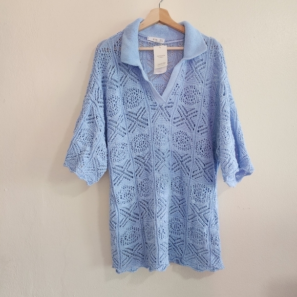 NWT Mango Blue Bohemian Crochet Cova Co Ord Set Sweater Shorts XL - Picture 5 of 13